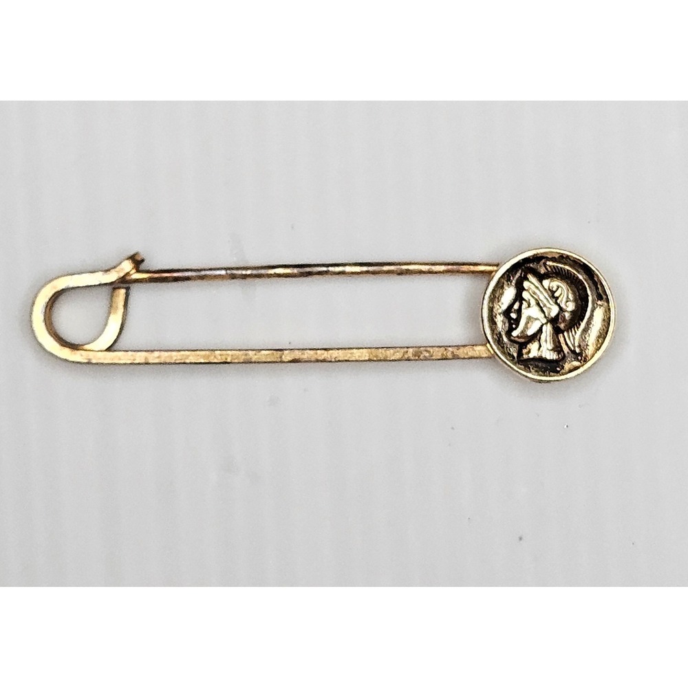 Vintage Gold Tone Roman Centurion Spartan Soldier Coin Safety Pin Brooch